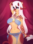  anthro belayalapa big_breasts blue_eyes bracelet breasts clothing female fur giraffe hair horn jewelry long_hair looking_at_viewer mammal navel navel_piercing piercing solo spots thick_thighs white_hair wide_hips 
