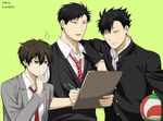  ? arm_on_shoulder artist_name bad_id bad_pixiv_id ball bangs black_eyes black_hair blazer boy_sandwich carrying_under_arm chin_stroking closed_mouth collared_shirt cosplay costume_switch crossover drawing dress_shirt gakuran gekkan_shoujo_nozaki-kun green_background haikyuu!! hair_between_eyes height_difference holding holding_pencil hyouka jacket kuroo_tetsurou leaning_on_person long_sleeves male_focus mery_(apfl0515) motion_lines multiple_boys multiple_crossover nakamura_yuuichi necktie nozaki_umetarou oreki_houtarou pencil red_neckwear sandwiched school_uniform seiyuu_connection shirt simple_background sketchbook smile striped striped_neckwear sweatdrop sweater_vest twitter_username upper_body volleyball white_shirt 