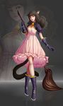  absurdres animal_ears bell black_footwear boots breasts broom brown_eyes brown_hair capelet cat_ears cat_tail cleavage crossed_legs diandianzai dress full_body gauntlets gradient gradient_background highres lips long_hair looking_at_viewer medium_breasts nose original pink_dress reflection solo standing tail watson_cross zoom_layer 