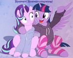  2016 blue_eyes blue_hair brian_mcpherson clothing duo english_text equine eyelashes female feral friendship_is_magic hair hoodie horn legwear long_hair mammal multicolored_hair my_little_pony open_mouth purple_eyes purple_hair socks starlight_glimmer_(mlp) striped_legwear stripes text twilight_sparkle_(mlp) two_tone_hair unicorn wide_eyed winged_unicorn wings 