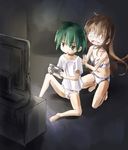  2girls bare_legs bare_shoulders bra breasts brown_hair controller dualshock ga_geijutsuka_art_design_class game_controller gamepad glasses green_hair long_hair multiple_girls open_mouth panties shirt short_hair sitting small_breasts t-shirt television tomokane underwear underwear_only white_bra white_panties yamaguchi_kisaragi yohane 