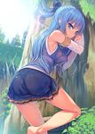  aqua_(konosuba) ass bangs barefoot blue_eyes blue_hair blue_skirt blush breasts closed_mouth day detached_sleeves eyebrows eyebrows_visible_through_hair gloves kono_subarashii_sekai_ni_shukufuku_wo! large_breasts long_hair looking_at_viewer looking_to_the_side nature outdoors skirt sleeveless smile solo tam-u tree wet wet_clothes white_gloves 