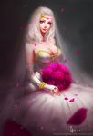  absurdres artist_name breasts cleavage diana_(league_of_legends) dress flower highres large_breasts league_of_legends long_hair pink_eyes pink_flower smile solo songjikyo wedding_dress white_hair 