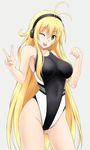  ;d blonde_hair breasts competition_swimsuit fuuma_nagi green_eyes headphones large_breasts long_hair one-piece_swimsuit one_eye_closed open_mouth smile solo standing swimsuit tsurumaki_maki v very_long_hair voiceroid 