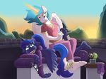  2016 anklet anthro anthrofied brush caroo comb duo equine female friendship_is_magic glowing gold_(metal) horn jewelry lying magic mammal my_little_pony ponytail princess_celestia_(mlp) princess_luna_(mlp) ring sibling sisters sunrise tears tickle_fetish tickling toe_ring winged_unicorn wings 