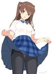  bra brown_eyes brown_hair crotch_seam dress_shirt highres lifted_by_self long_hair mibu_natsuki panties panties_under_pantyhose pantyhose shirt skirt skirt_lift solo two_side_up underwear wet wet_clothes 