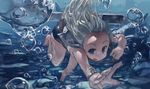  air_bubble barefoot blue_eyes bubble crop_top flower freediving hair_flower hair_ornament kantai_collection long_hair one-piece_tan open_mouth outstretched_arm ph. ro-500_(kantai_collection) sailor_collar school_swimsuit solo swimming swimsuit swimsuit_under_clothes tan tanline torpedo underwater 