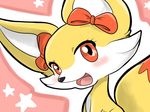  big_ears blaze blush bow female fennekin feral fur looking_at_viewer lulu_(artist) nintendo open_mouth pok&eacute;mon portrait simple_background smile solo tongue video_games yellow_fur 