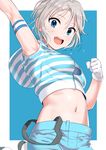  anastasia_(idolmaster) arm_up armband blue_eyes blush commentary_request crop_top gloves idolmaster idolmaster_cinderella_girls looking_at_viewer navel open_mouth pettan_p short_hair silver_hair smile solo striped_clothes sweat white_gloves 