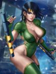  1girl black_hair black_orchid blue_eyes breasts cleavage earrings fingerless_gloves flowerxl gloves green_gloves holding jewelry killer_instinct long_hair looking_at_viewer solo 