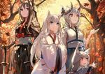  animal_ears autumn group horns japanese_clothes jpeg_artifacts katana leaves pixiv_fantasia sishenfan sword weapon 