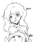 character_name earrings greyscale jewelry monochrome mother_and_daughter multiple_girls necklace open_mouth pam_(stardew_valley) penny_(stardew_valley) pupoo_(artist) signature smile stardew_valley triangle_mouth 
