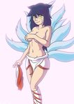 1girl ahri animal_ears black_hair blue_hair breasts covering covering_breasts fox_ears fox_tail handbra league_of_legends long_hair looking_at_viewer navel smile solo standing tail topless yellow_eyes 