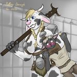  anthro armor big_breasts bovine breasts cattle clothed clothing female fur hair hi_res horn mammal melee_weapon muscular nukenugget simple_background smile tauren teeth text video_games warcraft weapon 