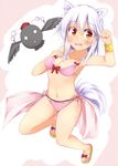  animal_ears animalization bare_shoulders bird blush breasts cleavage cosplay crow hanami_yuzuka hanami_yuzuka_(cosplay) hat highres inubashiri_momiji kuzumomo looking_at_viewer mahou_shoujo_nante_mou_ii_desukara. medium_breasts miton navel open_mouth red_eyes shameimaru_aya_(crow) short_hair silver_hair solo tail tokin_hat touhou wolf_ears wolf_tail 