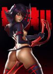  adapted_costume artist_request ass black_hair blue_eyes blush body_armor breasts from_behind gradient gradient_background highres kill_la_kill lips looking_at_viewer looking_back matoi_ryuuko multicolored_hair nipples p0rn88 red_hair scissor_blade short_hair side_boob solo thighhighs 