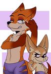  abstract_background anthro canine clothed clothing disney duo embarrassed fennec finnick flexing fox geometric_background grin looking_at_viewer male mammal nick_wilde saku1saya seductive size_difference standing sweat sweatdrop topless zootopia zootopia_shorts 