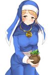  bangs blonde_hair blue_dress blush breasts closed_mouth cowboy_shot dragon_quest dragon_quest_builders dress eru_(dqb) eyebrows eyebrows_visible_through_hair eyelashes habit holding jewelry large_breasts long_sleeves looking_at_viewer necklace nun plant potted_plant ring_necklace sash simple_background smile solo swept_bangs white_background yappen yellow_eyes 