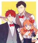  2boys :d artist_name bad_id bad_pixiv_id bangs black_hair blush bonnet bow bowtie breasts choker cleavage clipboard corset earrings formal frills gekkan_shoujo_nozaki-kun hair_bow hair_ornament jewelry long_hair looking_at_viewer medium_breasts mery_(apfl0515) mikoshiba_mikoto multiple_boys nozaki_umetarou open_mouth orange_hair pen puffy_short_sleeves puffy_sleeves purple_eyes red_hair sakura_chiyo short_hair short_sleeves smile suit suit_jacket tray vest wrist_cuffs yellow_background 