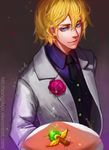  alternate_costume blonde_hair blue_eyes corsage earrings ezreal flower formal highres jewelry league_of_legends male_focus necktie solo songjikyo suit ward watermark web_address 