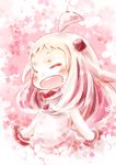  :d ^_^ ahoge cherry_blossoms closed_eyes commentary_request dress hinata_yuu horns kantai_collection long_hair monochrome northern_ocean_hime open_mouth shinkaisei-kan smile solo white_dress white_hair white_skin 
