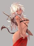  belt blush breasts covering dark_skin deluxe&lt;&lt;&lt; duplicate highres long_hair looking_at_viewer medium_breasts navel nude original pink_eyes pointy_ears sheath sheathed simple_background solo standing sword tail tattoo tsurime weapon white_hair 