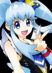  :d bad_id bad_pixiv_id black_background blue_bow blue_hair blue_neckwear bow crown cure_princess earrings hair_bow happinesscharge_precure! jewelry long_hair looking_at_viewer magical_girl mini_crown necktie ninomae open_mouth precure shirayuki_hime sidelocks smile solo sparkle twintails upper_body v 