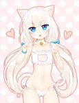  :o animal_ears ass_visible_through_thighs bell bell_choker blue_eyes blush bra bracelet cat_cutout cat_ear_panties cat_ears cat_lingerie cat_tail choker cleavage_cutout fang flat_chest frilled_bra frills heart heart-shaped_pupils jewelry jingle_bell long_hair looking_at_viewer low_twintails meme_attire nashira_(shioiri) navel nekopara open_mouth panties paw_pose polka_dot polka_dot_background side-tie_panties simple_background solo symbol-shaped_pupils tail twintails underwear underwear_only vanilla_(sayori) very_long_hair white_bra white_hair white_panties 