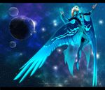  1boy alien bald black_eyes blue_lantern bodysuit bro&#039;dee_walker bro'dee_walker dc_comics feathered_wings full_body green_lantern_(series) male_focus pale_skin planet ring solid_eyes solo space star_(sky) white_skin wings 