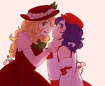  2girls arms_behind_back blonde_hair blush bottle commentary detached_sleeves dolls_in_pseudo_paradise english extra frills hat love_potion multiple_girls nekolina open_mouth purple_eyes purple_hair tongue tongue_out touhou yellow_eyes yuri 