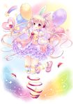  :3 animal_ears apple balloon blonde_hair bunny_ears dress food fruit full_body hair_ornament hairband hairpin happy headphones heart highres long_hair mizuse_ruka original red_eyes solo striped striped_legwear tail thighhighs twintails weapon 