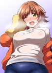  ;d alternate_eye_color bike_shorts blush breasts breath brown_hair covered_nipples honda_mio idolmaster idolmaster_cinderella_girls jacket large_breasts long_sleeves looking_at_viewer one_eye_closed open_mouth see-through shirt short_hair shouji_nigou smile solo steam sweat towel wet wet_clothes wet_shirt white_shirt yellow_eyes 