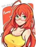  ahoge artist_name bra_strap breasts camisole cleavage english glasses green_eyes large_breasts lens_flare long_hair penny_(stardew_valley) pupoo_(artist) red-framed_eyewear red_hair semi-rimless_eyewear smile solo spaghetti_strap stardew_valley under-rim_eyewear upper_body 