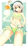  bikini blue_eyes blush cheungchz drink frilled_bikini frills from_below green_bikini hairband hitodama konpaku_youmu konpaku_youmu_(ghost) looking_at_viewer midriff mundane_utility navel open_mouth short_hair silver_hair solo striped striped_bikini sweatdrop swimsuit touhou wrist_cuffs 