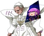  artist_request bowing chibi gundam haman_karn hat lowres neo_zeon old_man parody pope_benedict_xvi qubeley real_life robe short_hair shoulder_pads sidelocks silver_hair simple_background source_request triangle_mouth very_short_hair white_background zeta_gundam 
