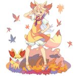  animal_ears autumn_leaves blonde_hair bloomers clenched_hand fennekin fox_ears full_body gen_6_pokemon hand_on_hip icywood mary_janes one_eye_closed open_mouth orange_footwear outdoors personification pokemon pokemon_(creature) red_eyes shoes standing tail underwear v white_bloomers 