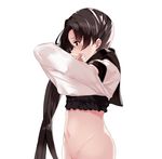  akiha_(attract) ayanami_(kantai_collection) bad_anatomy bad_id bad_twitter_id black_hair bottomless eyebrows from_side kantai_collection long_hair navel out-of-frame_censoring profile remodel_(kantai_collection) school_uniform serafuku side_ponytail simple_background solo undressing very_long_hair white_background yellow_eyes 
