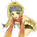  beads bikini blonde_hair braid breasts final_fantasy final_fantasy_x final_fantasy_x-2 gloves green_eyes hair_ornament headband long_hair lowres rikku scarf skirt smile solo swimsuit 