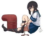  black_hair black_legwear blue_skirt bollard dated fubuki_(kantai_collection) green_eyes hands_on_legs highres kantai_collection kneehighs leg_hug leg_up looking_at_viewer low_ponytail open_mouth pleated_skirt ponytail rope school_uniform serafuku short_hair short_ponytail short_sleeves signature simple_background sitting skirt solo tabiaki_(cosy_catastrophe) white_background 