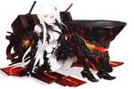  absurdres aircraft_carrier_hime armor armored_boots black_footwear black_legwear boots breasts cleavage full_body highres kantai_collection large_breasts long_hair looking_at_viewer naemperor one_side_up orange_eyes shinkaisei-kan simple_background sitting smile solo torn_clothes turret white_background white_hair white_skin 