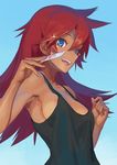  :d blue_eyes breasts cleavage gradient gradient_background hair_between_eyes jpeg_artifacts long_hair medium_breasts open_mouth original red_hair simple_background smile solo sparkle strap_gap tank_top upper_body washi_no_tosaka 