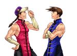  alternate_color baseball_cap braid brothers brown_hair chinese_clothes crossed_arms f-15jrs fang from_side hat looking_at_another male_focus multiple_boys siblings simple_background sleeveless smile spiked_hair street_fighter twins white_background yang_lee yun_lee 