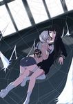  atlach-nacha between_breasts black_hair breasts closed_eyes couple head_between_breasts hirasaka_hatsune hug lying miyama_kanako multiple_girls on_person panties pantyshot silk silver_hair socks spider_web thighhighs underwear yume_developing yuri 