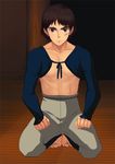  1boy abs ashitaka barefoot brown_hair feet looking_at_viewer male_focus mononoke_hime muscle pecs pov solo toes undressing 