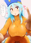  :o blue_hair bodysuit breasts brown_eyes covered_nipples dragon_quest dragon_quest_iii gloves heart highres large_breasts long_hair looking_at_viewer mizuyan orange_bodysuit parted_lips pov priest_(dq3) shiny shiny_clothes solo_focus translated 