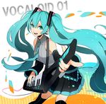  al_(arupaka) aqua_nails black_legwear black_skirt blue_eyes blue_hair clothes collar detached_sleeves exposed_shoulders female guitar hatsune_miku holding_instrument instrument keytar long_hair long_sleeves looking_at_viewer musical_instrument nail_polish neckwear numbers open_mouth playing_instrument pleated pleated_skirt pointing shirt skirt sleeveless sleeveless_shirt small_breasts smile solo strap string text thighhighs tie tie_clip twintails vocaloid white_background wires zettai_ryouiki 