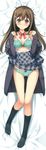  absurdres bad_id bad_yandere_id bed_sheet black_legwear blush bow bow_bra bow_panties bowtie bra breasts brown_hair collarbone dakimakura from_above full_body green_bra green_panties highres huge_filesize kantoku koi_suru_kanojo_no_bukiyou_na_butai long_sleeves looking_at_viewer lying medium_breasts on_back open_clothes open_shirt panties pink_eyes plaid red_bow red_neckwear school_uniform shirt skirt skirt_lift smile solo thigh_gap togawa_mayuu underwear undressing 