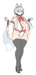  absurdres animal_ears blush breasts highres huge_breasts naniwadou nontraditional_miko open_mouth ribbon ribbon-trimmed_sleeves ribbon_trim short_hair solo tail thighhighs 