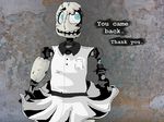  animatronic blank_(fnac) blue_eyes clothing damaged dialogue english_text female five_nights_at_candy&#039;s ghost_(artist) machine not_furry open_mouth robot skirt smile solo talking_to_viewer text uniform waiter 