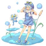  ^_^ blue_footwear blue_hair blush_stickers bubble cattail closed_eyes froakie full_body gen_6_pokemon goggles goggles_on_headwear icywood jumping long_hair mary_janes open_mouth outdoors personification plant pointing pointing_at_self pokemon pokemon_(creature) shoes smile standing water yellow_eyes 